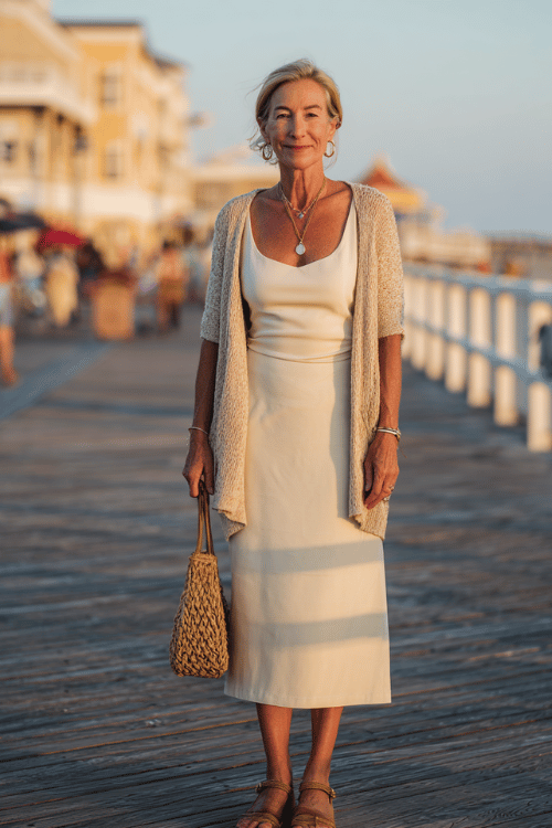 woman over 60 wearing a cream sleeveless midi dress layered with a lightweight beige cardigan, comfortable strappy sandals, delicate gold jewelry