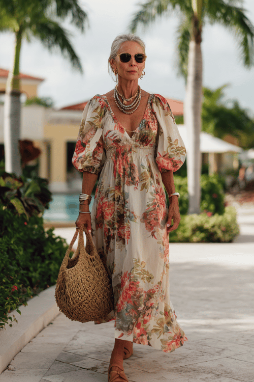woman over 60 wearing a flowy floral maxi dress with puff sleeves, flat tan sandals, oversized sunglasses, layered necklaces, and a woven beach tote while walking beside tropical palm trees 