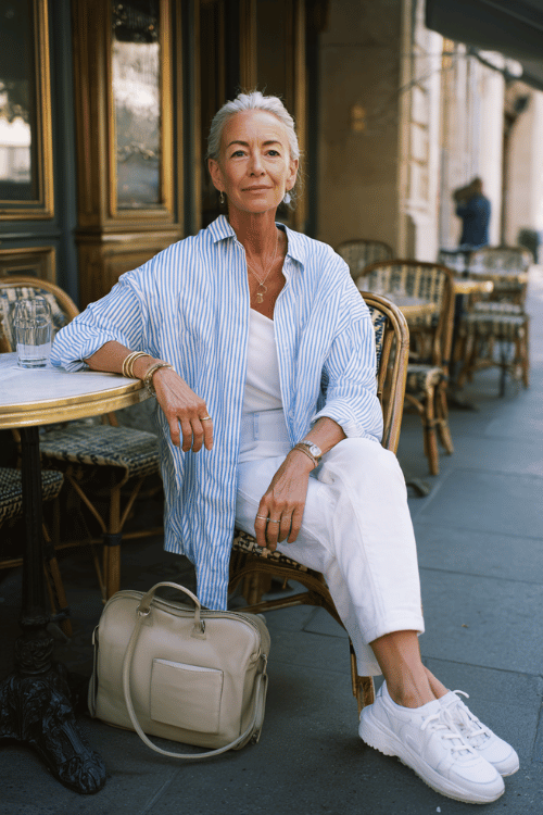 woman over 60 wearing a light blue striped oversized cotton shirt layered over a white tank top with cropped white straight-leg jeans, white leather sneakers, delicate bracelets
