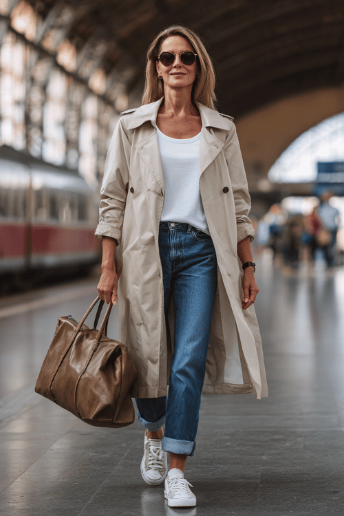 woman over 60 wearing a lightweight beige trench coat over a white sleeveless top with relaxed blue straight-leg jeans, white sneakers, oversized sunglasses
