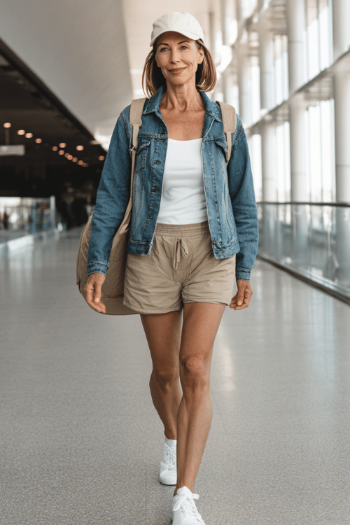 woman over 60 wearing a lightweight blue denim jacket over a fitted white tank top with relaxed khaki shorts, white sneakers, a cream baseball cap