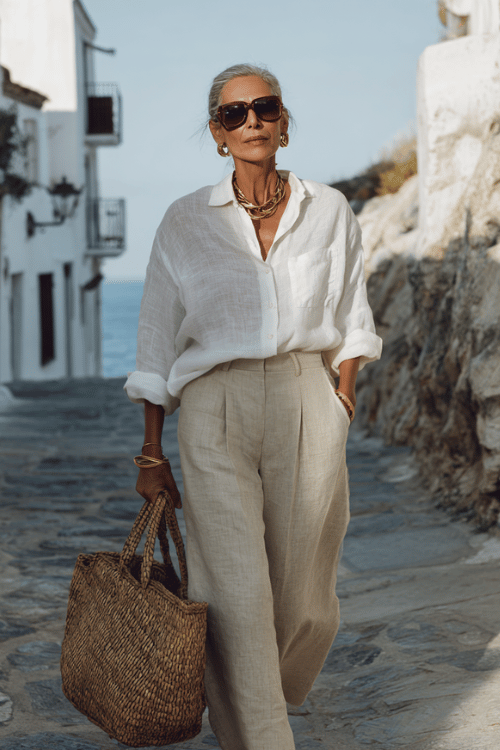 woman over 60 wearing a relaxed white linen button-up shirt tucked into beige high-waisted wide-leg linen pants with tan leather sandals, oversized sunglasses
