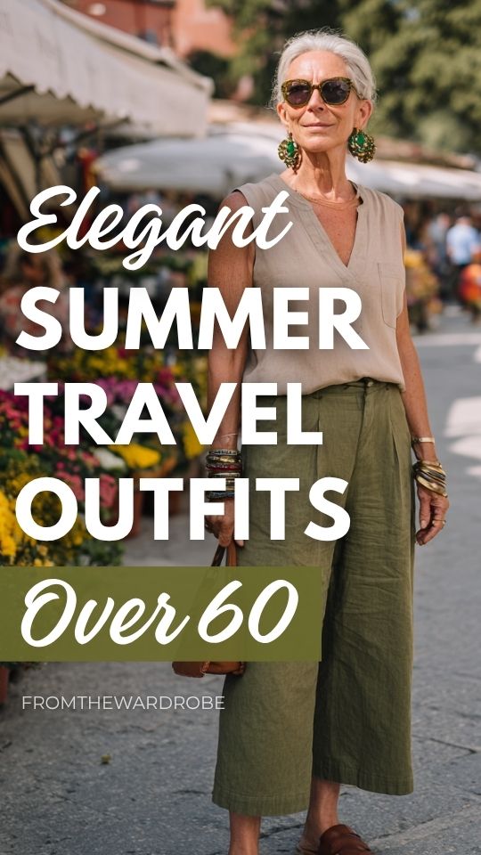 woman over 60 wearing a summer travel outfit with a beige sleeveless blouse tucked into olive green linen trousers with brown slide sandals, statement earrings, stacked bracelets