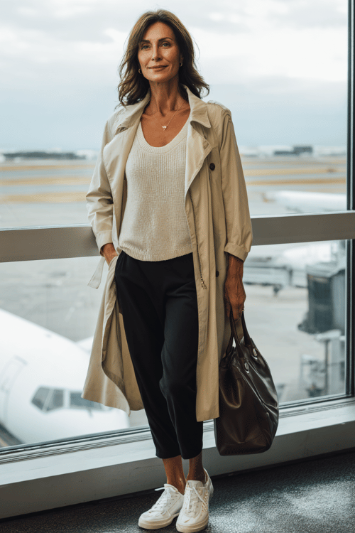 woman wearing a beige sleeveless knit top layered with a lightweight cream trench coat, black stretchy travel pants, white slip-on sneakers