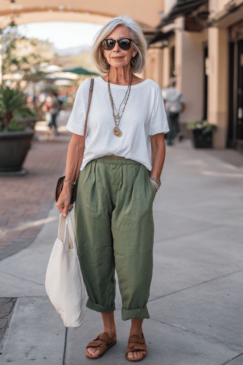 woman wearing a loose white t-shirt tucked into sage green drawstring linen pants with comfortable sandals, oversized sunglasses, layered necklaces, and a canvas tote bag