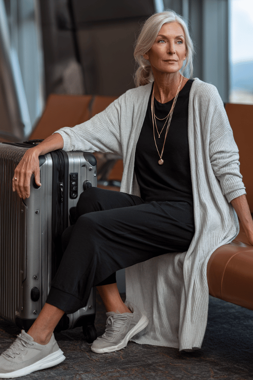 woman wearing a soft gray long cardigan over a black monochrome lounge set with tapered knit pants, comfortable slip-on sneakers, layered gold necklaces