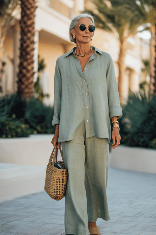 woman wearing a soft sage green matching linen set featuring a relaxed button-up shirt and wide-leg pants with tan slide sandals, layered gold jewelry, a woven handbag