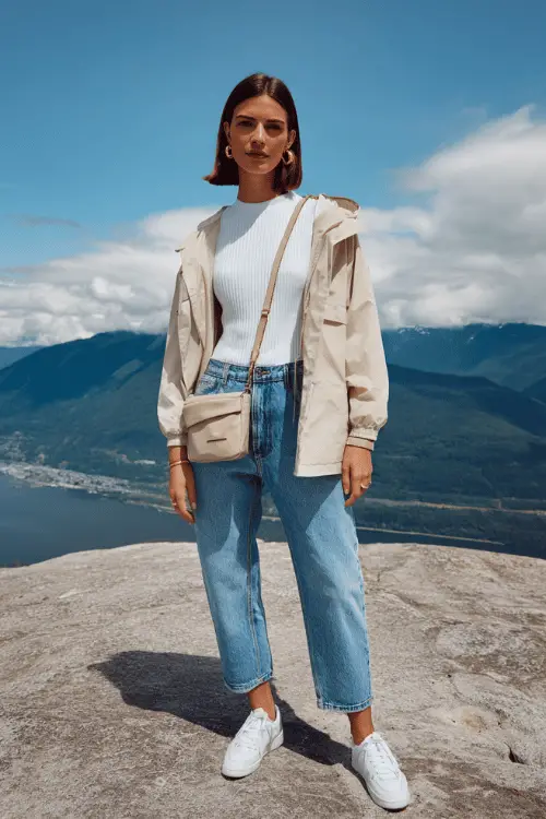 woman with a sleek dark brunette bob worn straight and casual travel outfit consisting of a fitted white ribbed top tucked into relaxed straight-leg mid-wash blue denim jeans