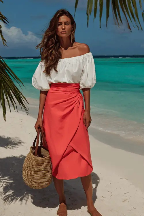 woman with long beachy highlighted brunette hair wearing a breezy white off-shoulder smocked blouse with flutter sleeves tucked loosely into a vibrant bright coral wrap midi skirt