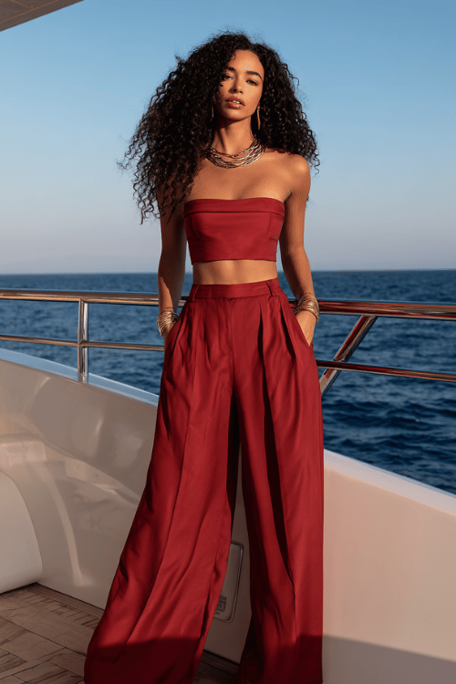woman with long voluminous dark curly hair wearing a bold fitted red bandeau tube top paired with elegant wide-leg palazzo pants in a matching deep red tone
