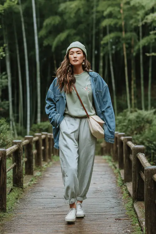 woman with long wavy dark brunette hair partially tucked behind one ear wearing a breezy and comfortable travel outfit consisting of a soft sage green oversized crew neck sweatshirt 