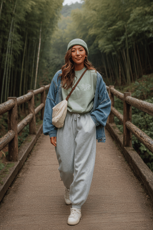 woman with long wavy dark brunette hair partially tucked behind one ear wearing a breezy and comfortable travel outfit consisting of a soft sage green oversized crew neck sweatshirt