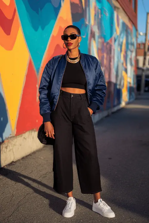 woman with short textured natural black hair wearing a smart casual travel outfit featuring a fitted black long-sleeve henley top tucked into high-waisted wide-leg dark wash denim jeans