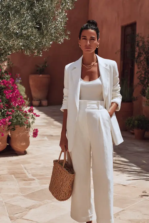 woman with sleek dark brown hair pulled back in a loose bun wearing a crisp tailored white linen wide-leg pantsuit with slightly cropped trousers and a relaxed single-button blazer