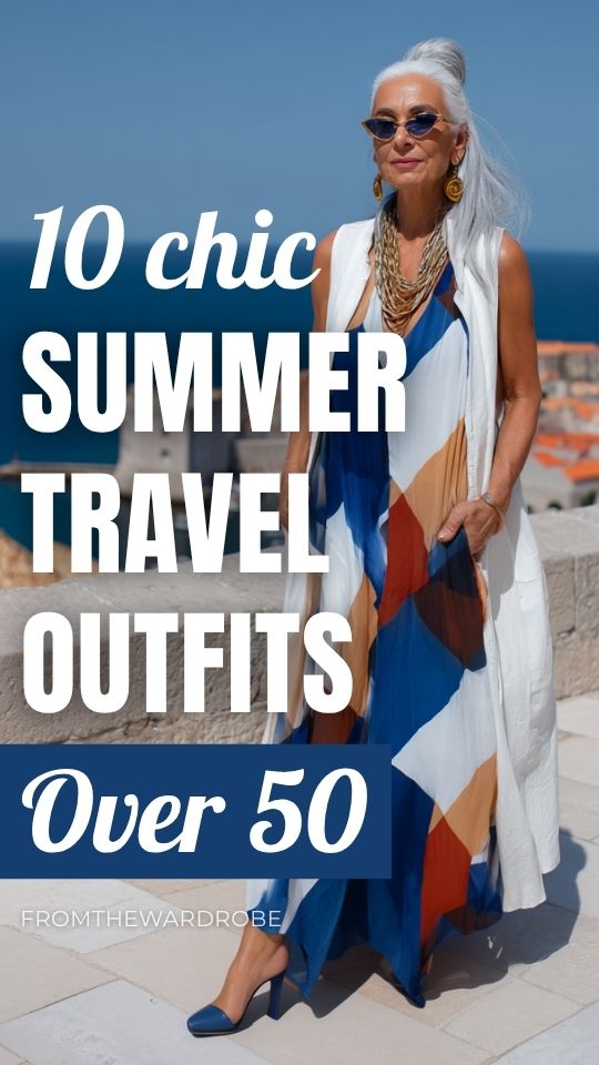 women over 50 wears a summer travel outfit featuring a flowing geometric-print maxi dress in blue, white, tan, and rust tones