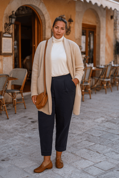A beautiful plus-size woman dressed in a relaxed yet polished oversized cashmere blazer in warm stone beige over a simple fitted white turtleneck and slim-fit dark tailored trousers
