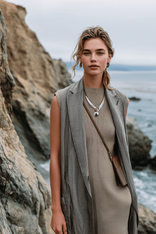 A woman stands near rugged cliffs wearing a long oyster-gray raw silk duster coat layered over a sand-colored sleeveless knit dress