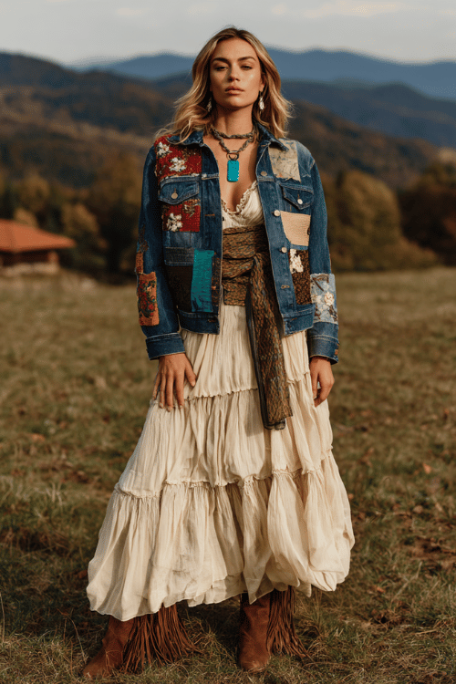 A woman wearing a patchwork denim jacket adorned with floral patches over a tiered cream chiffon midi skirt in earthy tones, paired with a woven belt, turquoise pendant necklace,