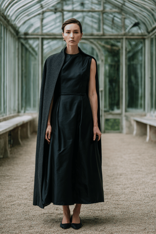 A woman wears a fluid black satin column dress layered under a charcoal double-faced wool cape with sculptural volume