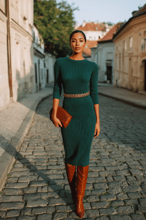 Black woman in a figure-flattering long-sleeve midi dress in deep forest green ribbed knit, accessorized with a slim gold chain belt at the waist, knee-high leather boots in warm cognac