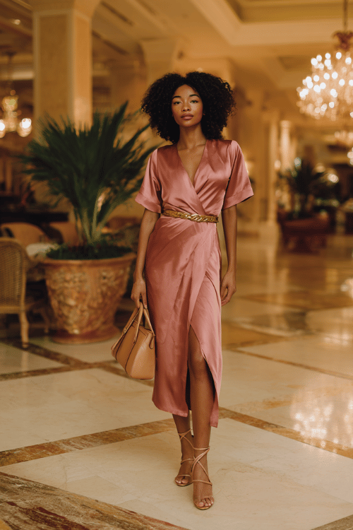 Black woman wearing a refined silk wrap dress in warm dusty rose, cinched at the waist with a delicate gold belt, paired with strappy heeled sandals in tan leather 