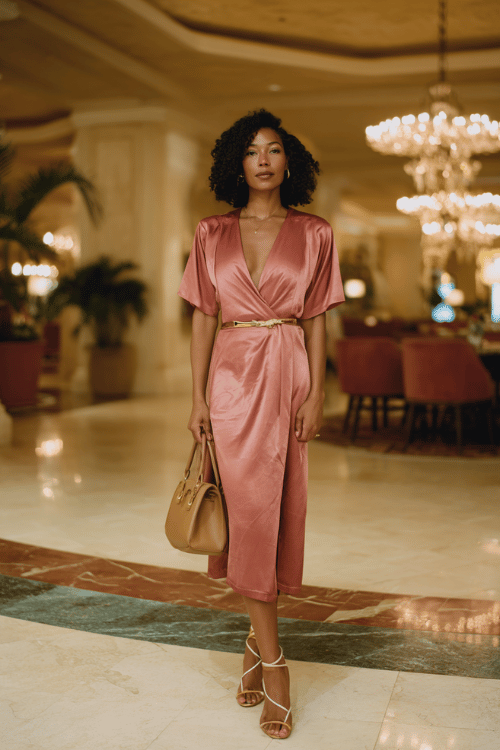 Black woman wearing a refined silk wrap dress in warm dusty rose, cinched at the waist with a delicate gold belt, paired with strappy heeled sandals in tan leather