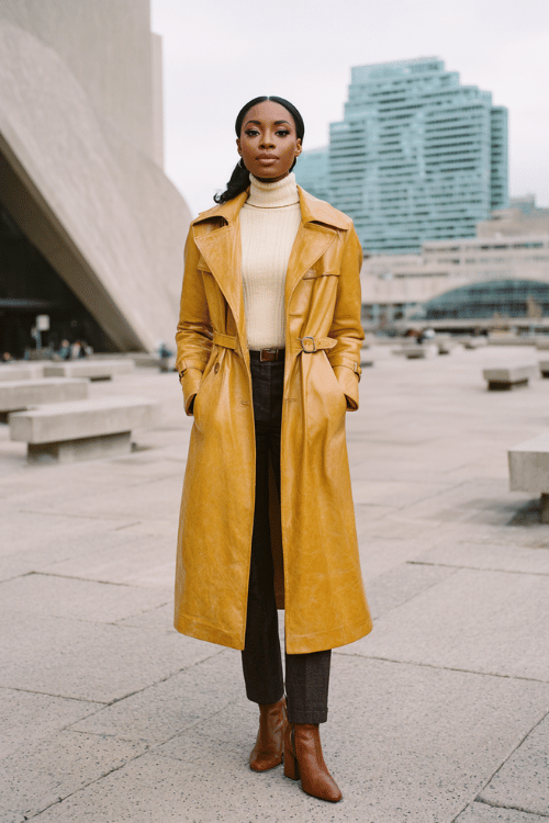 Black woman wearing a structured leather trench coat in warm cognac over a fine ribbed knit turtleneck in cream and tailored slim-fit dark trousers, paired with leather Chelsea boots