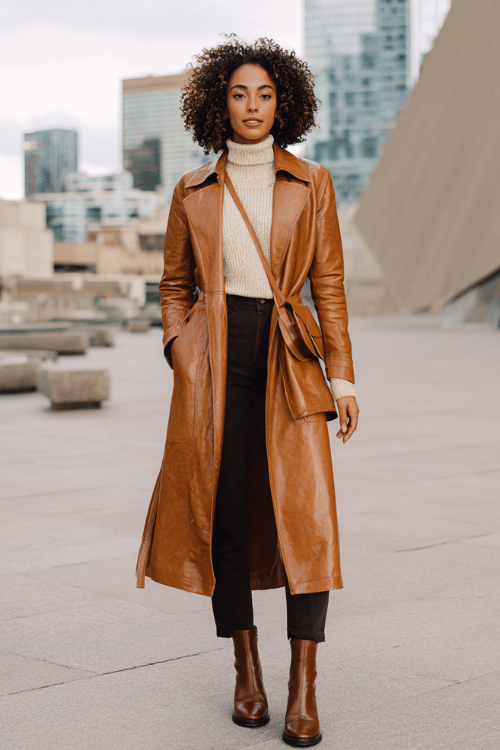 Black woman wearing a structured leather trench coat in warm cognac over a fine ribbed knit turtleneck in cream and tailored slim-fit dark trousers