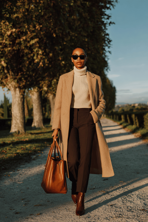 Black woman wearing a tailored camel wool overcoat over a fitted ribbed turtleneck in soft ivory and slim-fit dark chocolate trousers, paired with pointed-toe leather ankle boots
