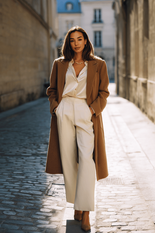 Woman wearing a tailored camel wool coat over a cream silk blouse and straight-leg ivory trousers, minimal gold jewelry, standing on a sunlit cobblestone street in Paris, soft natural lighting