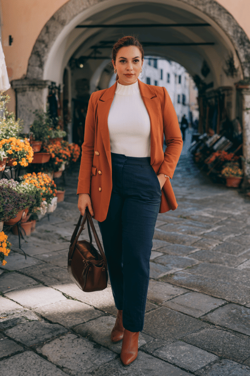 a Black plus-size woman in a rich terracotta ponte knit blazer with wide lapels and gold button details over a crisp white fitted turtleneck and tailored straight-leg trousers in deep navy