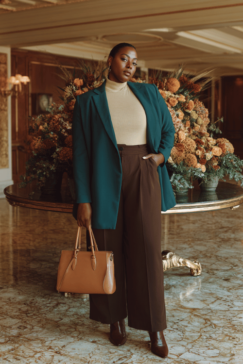 a Black plus-size woman wearing a striking deep teal wrap blazer over a soft ivory cashmere turtleneck tucked into wide-leg trousers in warm chocolate brown 