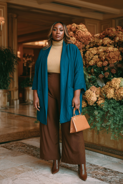 a Black plus-size woman wearing a striking deep teal wrap blazer over a soft ivory cashmere turtleneck tucked into wide-leg trousers in warm chocolate brown