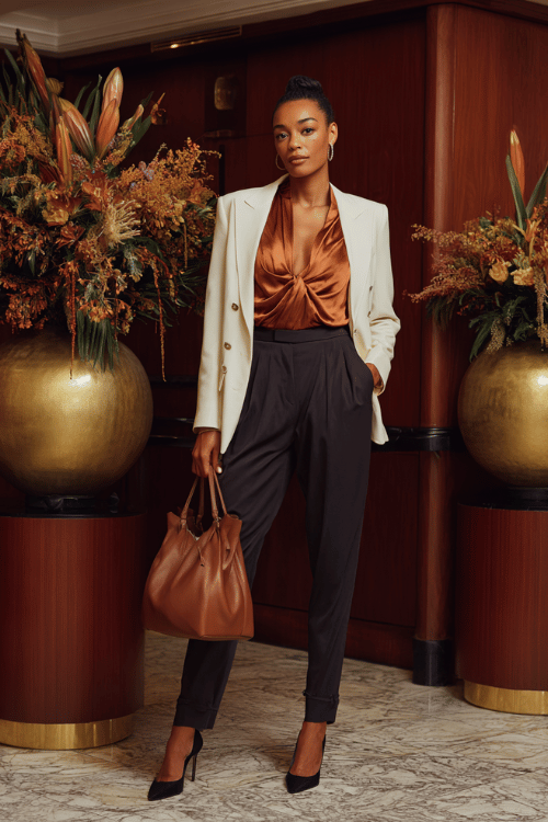 a Black woman dressed in a warm copper-toned satin blouse with elegant draping tucked into tailored straight-leg trousers in deep charcoal, layered with a fitted ivory blazer