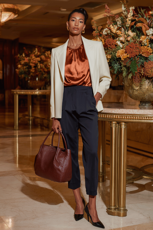 a Black woman dressed in a warm copper-toned satin blouse with elegant draping tucked into tailored straight-leg trousers in deep charcoal