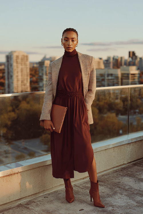 a Black woman in a deep wine-colored long-sleeve turtleneck dress with a cinched waist and flowing midi skirt, layered with a tailored windowpane blazer in charcoal and ivory