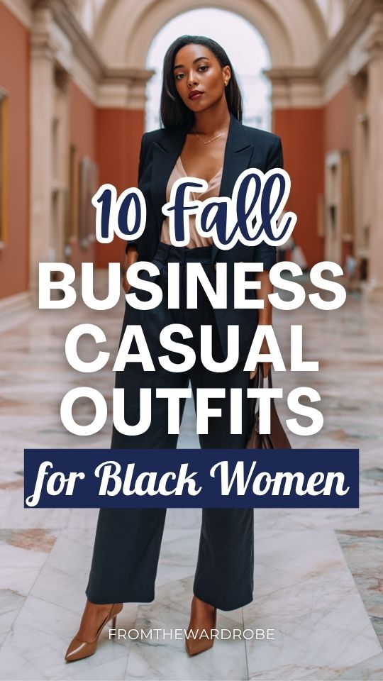 a Black woman in a fall business casual outfit with a deep navy pantsuit with wide-leg trousers and a fitted blazer over a blush silk camisole, and pointed-toe pumps
