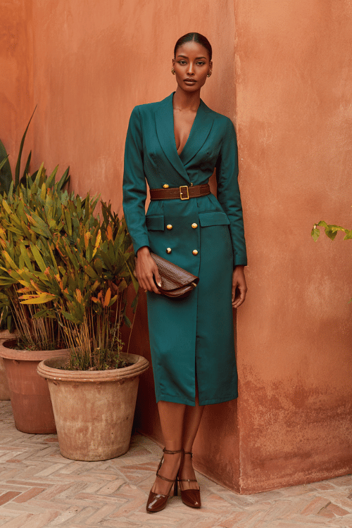 a Black woman in a rich emerald green longline blazer dress with gold button details and a belted waist, paired with strappy block-heel sandals in dark gold