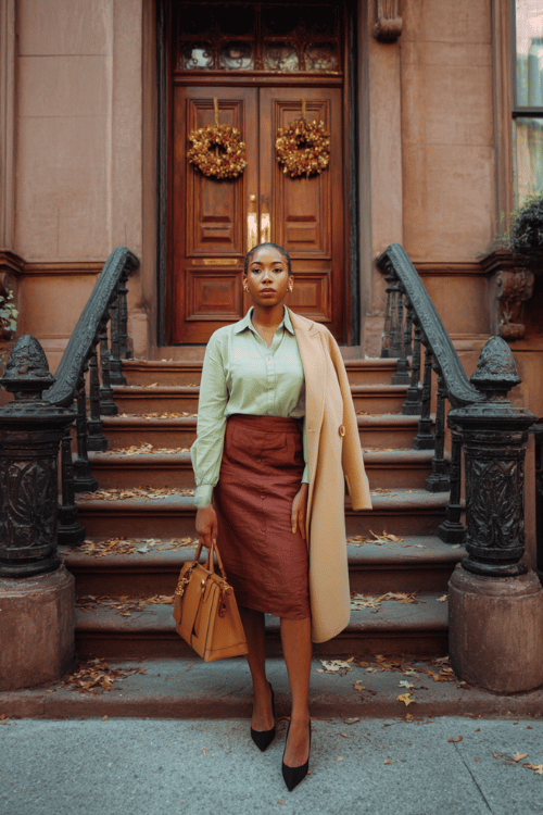 a Black woman in a soft sage green long-sleeve blouse tucked into a tailored pencil skirt in deep burgundy, layered with a camel wrap coat with oversized lapels