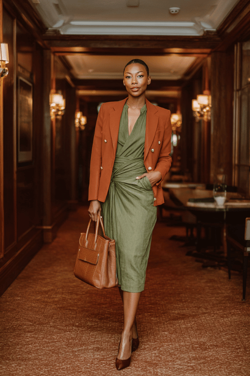 a Black woman in a sophisticated olive green wrap dress with long bishop sleeves and a midi length, layered with a tailored rust-orange blazer with gold button accents 