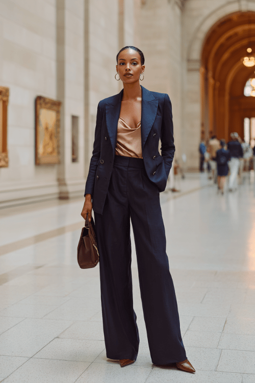 a Black woman in a tailored deep navy pantsuit with wide-leg trousers and a fitted double-breasted blazer, layered over a soft blush silk camisole, finished with pointed-toe pumps 