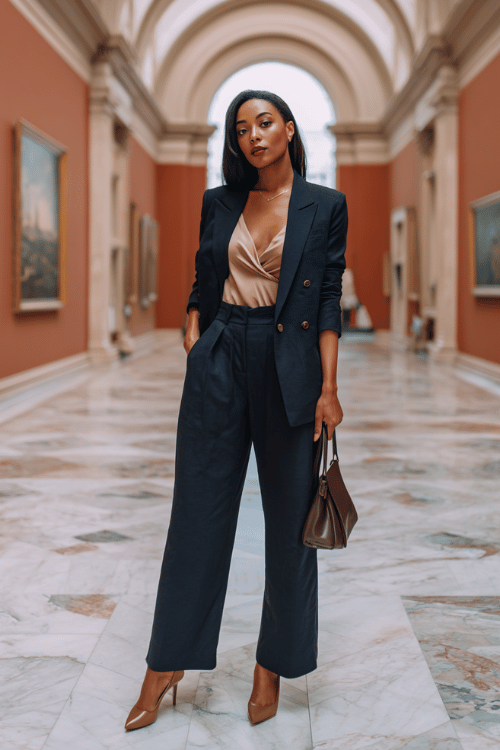 a Black woman in a tailored deep navy pantsuit with wide-leg trousers and a fitted double-breasted blazer, layered over a soft blush silk camisole, finished with pointed-toe pumps