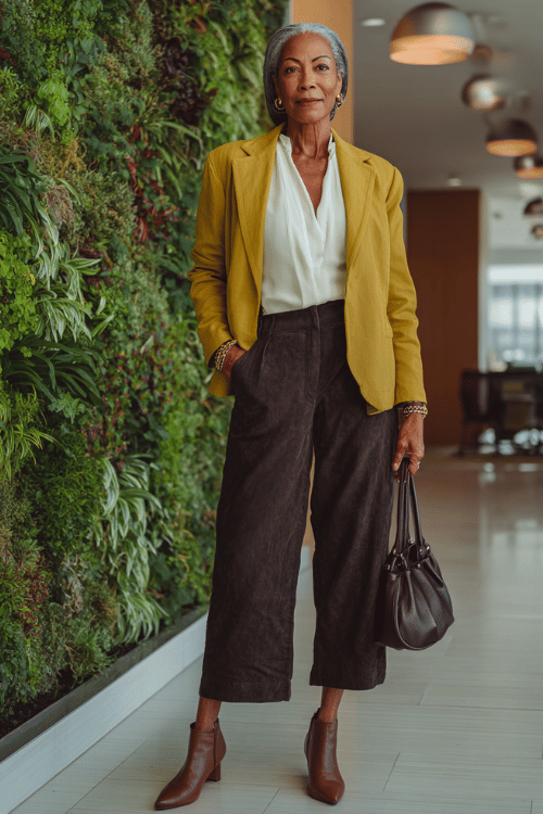 a Black woman over 50 with natural silver-streaked hair wearing a rich saffron yellow longline blazer over a crisp white silk blouse tucked into straight-leg dark wash trousers 