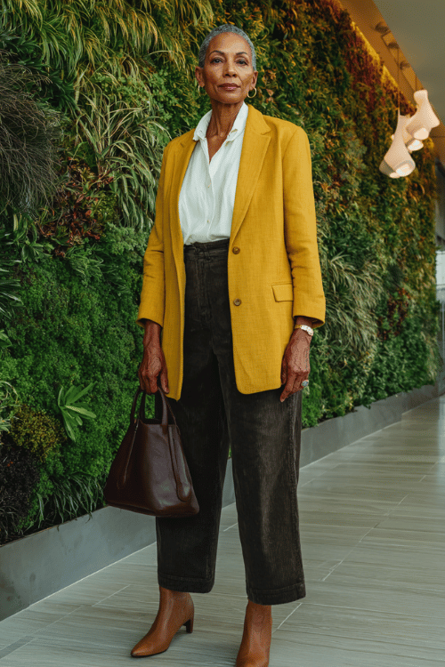 a Black woman over 50 with natural silver-streaked hair wearing a rich saffron yellow longline blazer over a crisp white silk blouse tucked into straight-leg dark wash trousers
