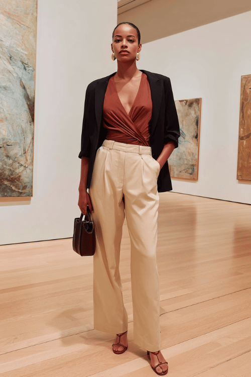 a Black woman wearing a bold burnt sienna wrap blouse tucked into high-waisted wide-leg trousers in rich ivory, layered with a fitted black blazer with structured shoulders