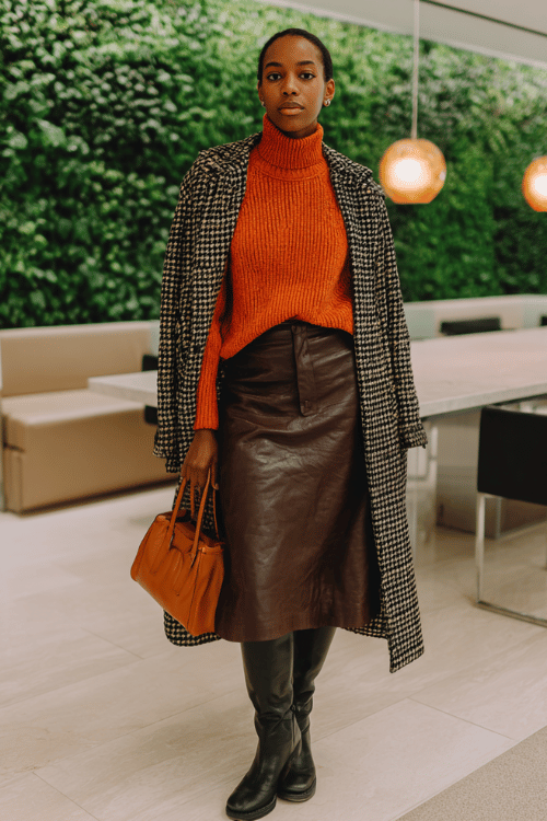 a Black woman wearing a bold terracotta turtleneck sweater tucked into a high-waisted A-line midi skirt in deep chocolate brown leather-look fabric, layered with a longline houndstooth coat 