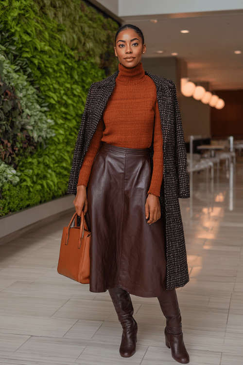 a Black woman wearing a bold terracotta turtleneck sweater tucked into a high-waisted A-line midi skirt in deep chocolate brown leather-look fabric, layered with a longline houndstooth coat