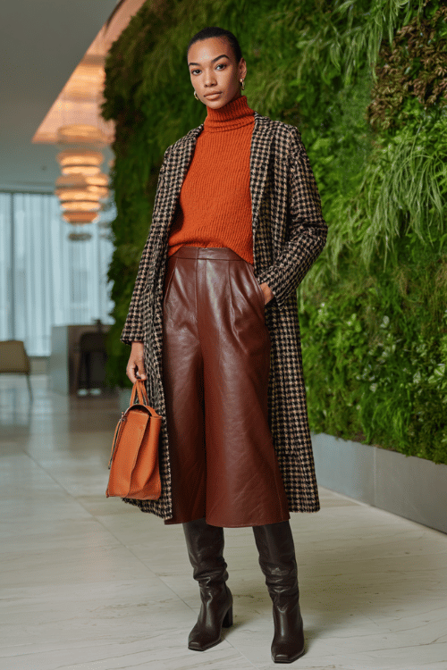 a Black woman wearing a bold terracotta turtleneck sweater tucked into a high-waisted A-line midi skirt in deep chocolate brown leather-look fabric