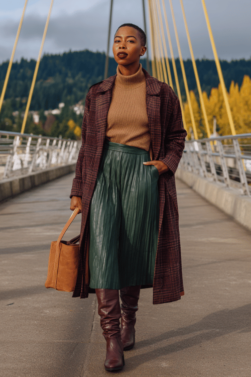 a Black woman wearing a caramel turtleneck sweater tucked into a high-waisted pleated midi skirt in deep forest green, layered with a longline plaid coat in burgundy and ivory tones