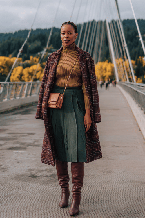 a Black woman wearing a caramel turtleneck sweater tucked into a high-waisted pleated midi skirt in deep forest green, layered with a longline plaid coat in burgundy and ivory tones